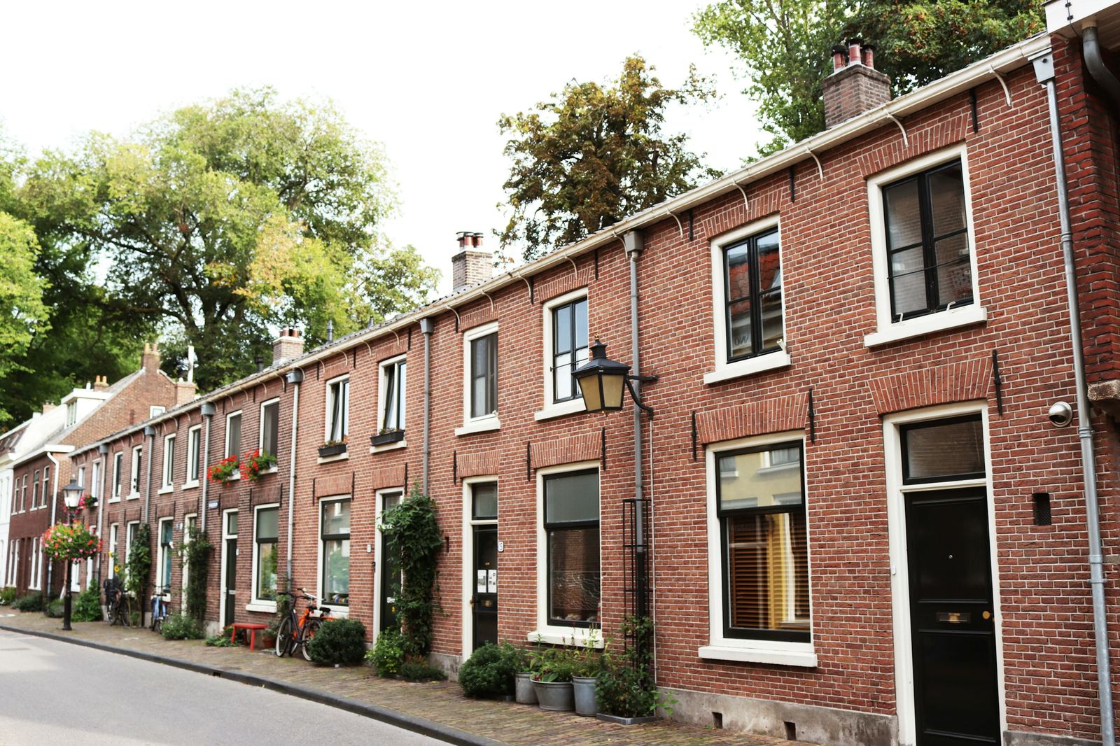 A row of Dutch brick terraced houses on a quiet, tree-lined street